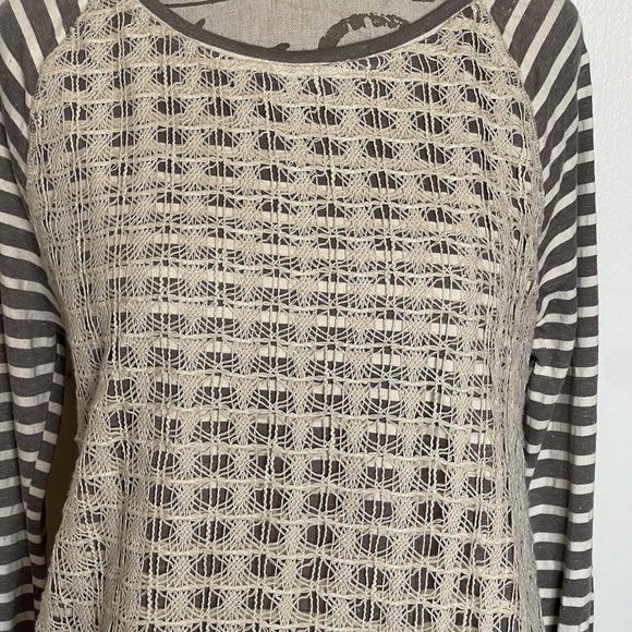Hem & Thread Womens Blouse Size Large Front Panel Crochet Long Sleeve Striped - Picture 4 of 14